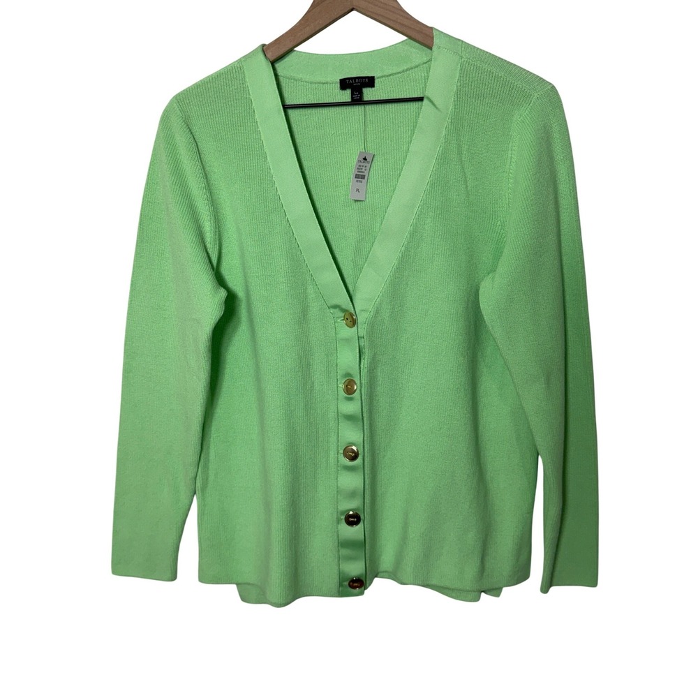 Talbots Cardigan‎ Womens Petite Large Green V-Neck Ribbed Cotton Blend NWT